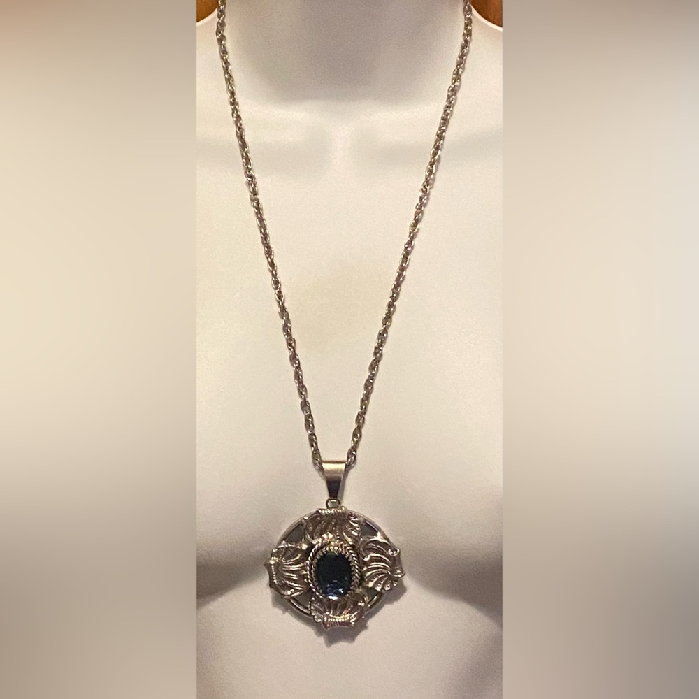 Vintage Ornate Renaissance Revival Pendant Sapphire Glass Cabochon Necklace